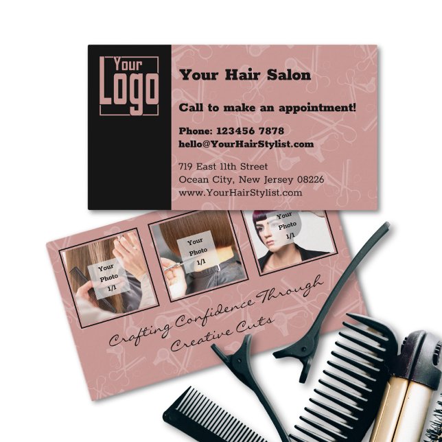 Elegant Black & Tuscany Rosa Hair Salon Logotyp Visitkort (Elegant Black & Tuscany Pink Hair Salon Logo Business Card)