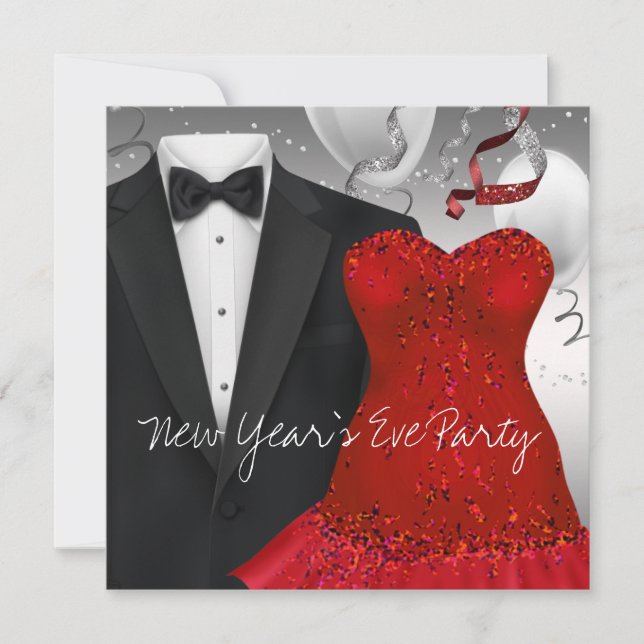 Elegant Black Tuxedo Red Dress Party Inbjudningar (Framsida)