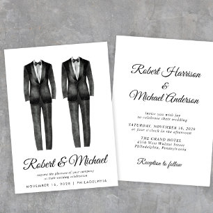 Elegant Black Tuxedo Watercolor Gay Bröllop Inbjudningar