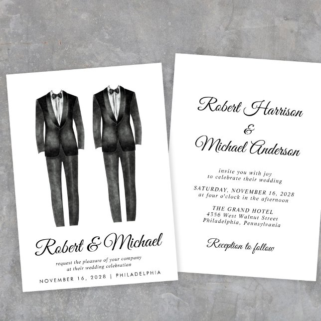 Elegant Black Tuxedo Watercolor Gay Bröllop Inbjudningar (Skapare uppladdad)