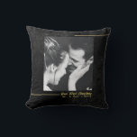 Elegant Black Velvet Guld Första julen Gift Kudde<br><div class="desc">En minimalistisk texturerad sammetsbakgrund (simulerad, inte riktig sammetsbakgrund!) med två guld linjer för en personlig dekorativ kudde för ett nytt par, för varandra eller från vem som helst, med budskapet "Vår första jul". Anpassa den med ett svart och vitt (helst) foto och ändra året. Man skulle också kunna lägga till...</div>