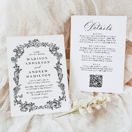 Elegant Black Victorian Floral All in One Wedding Inbjudningar