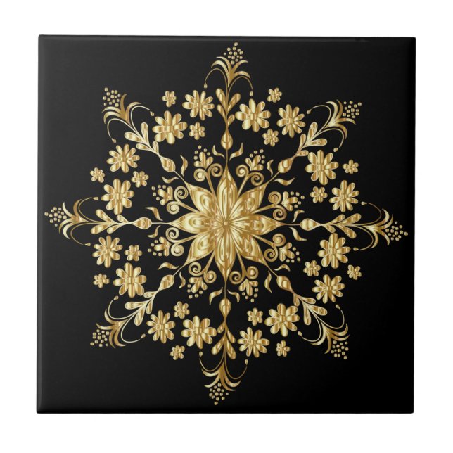 Elegant Black vid BeSnyval Golden Mandala Mönster Kakelplatta (Framsidan)