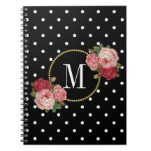 Elegant Black Vintage Rosor Flowers Dots Monogram