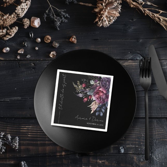 Elegant Black Watercolor Blommigt Bröllop Napkin Pappersservett (Skapare uppladdad)
