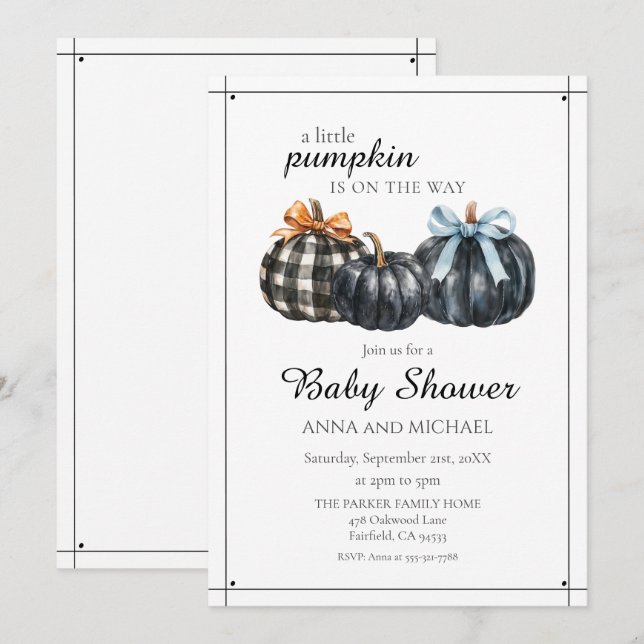 Elegant Black Watercolor Pumpkin Baby Shower Inbjudningar (Fram/baksida)