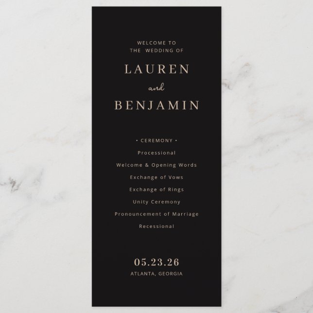 Elegant Black Wedding Ceremony Program (Framsida)