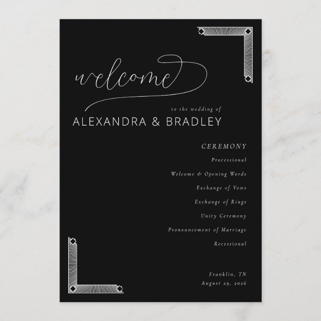 Elegant Black Wedding Ceremony Program (Framsida)