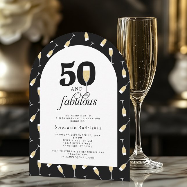 Elegant Black White 50 Fabulous Birthday Inbjudningar (Shown on a 5" x 7" arch shape invitation)