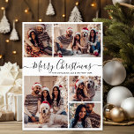 Elegant Black White 5 Photo Collage jul Julkort<br><div class="desc">Modern Elegant Calligraphy Black White 5 Photo Collage God jul Script Helgdag Card. Den här snygga, visuella, minimalistiska, fem (5) fotokortmallen Julhälsningar ett vackert rutnätsfotokollage och säger "God jul"! Texten "God jul" hälsning är skriven i ett vackert handskrivet skript som snabbt byts ut mot svan på svart bakgrund i färg....</div>