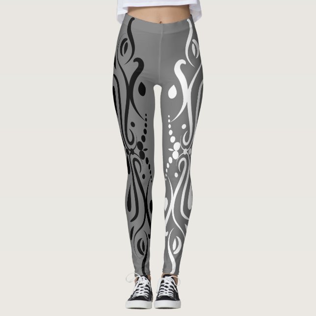 Elegant Black & White Abstrakt Harlequin Stil Leggings (Framsida)