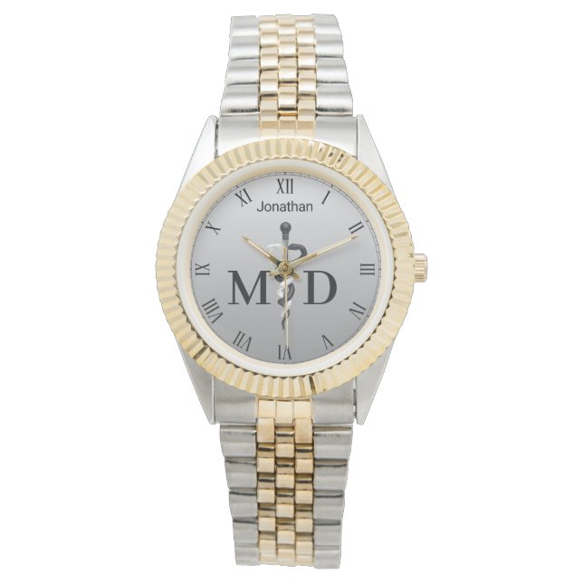 Elegant Black White Asclepius Medical Doktor MD Armbandsur (Framsida)