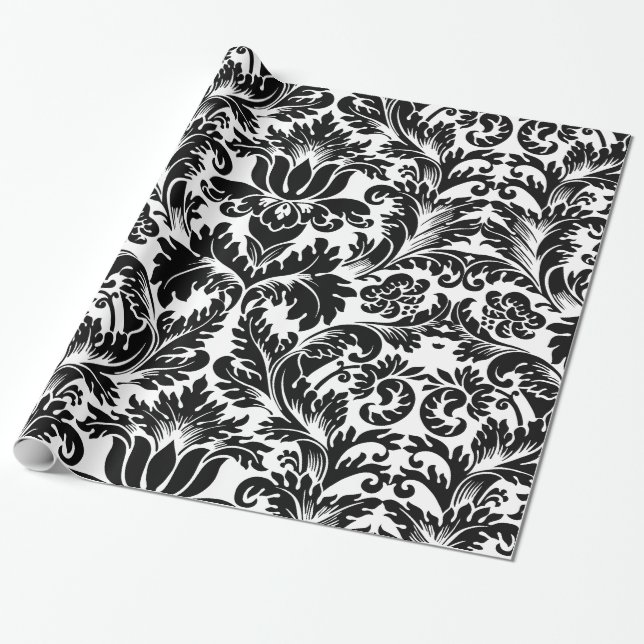 Elegant Black & White Baroque Damask Mönster Presentpapper (Utrullad)
