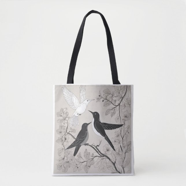 Elegant Black & White Birds Floral Art Tote Bag Tygkasse (Framsida)