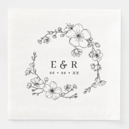Elegant Black & White Blommar Monogram Bröllop Pappersservett