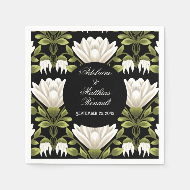 Elegant Black & White Blommigt Bröllop: Kalligrafi Pappersservett (Framsidan)