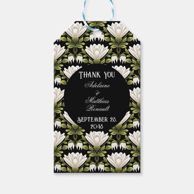 Elegant Black & White Blommigt Bröllop: Kalligrafi Presentetikett (Framsidan)