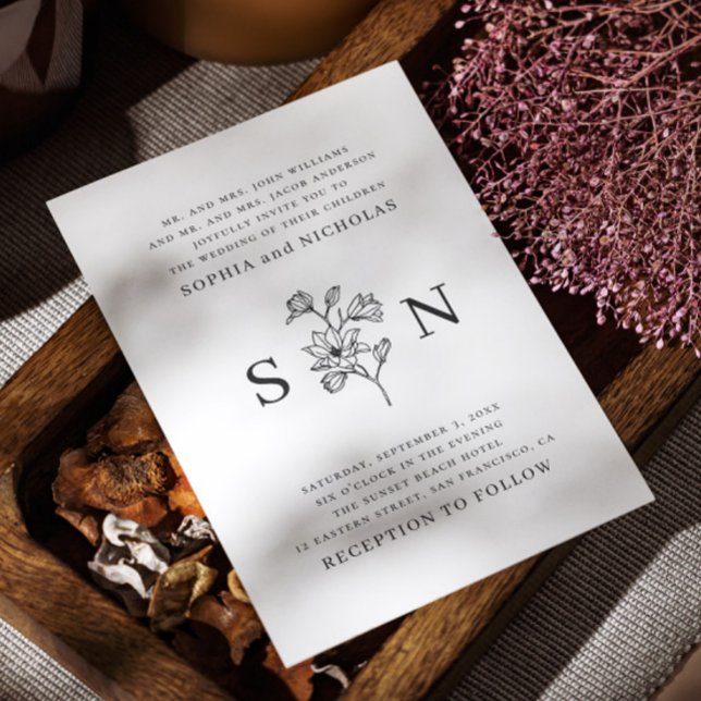 Elegant Black & White Blommigt Bröllop | Minimalis Inbjudningar (Skapare uppladdad)