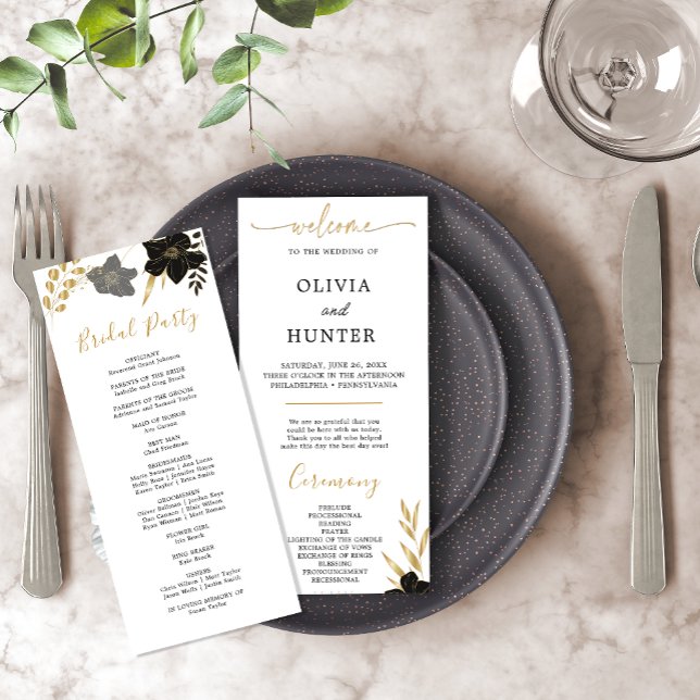 Elegant Black & White Blommigt Bröllopsfest Progra Program (Elegant Black & White Floral Wedding Party Program)