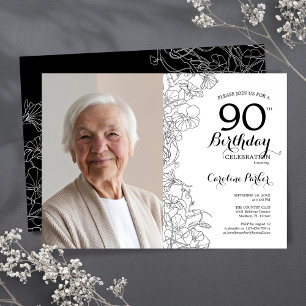 Elegant Black White Blommigt Foto 90:e Birthday Inbjudningar
