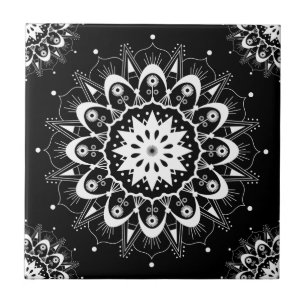 Elegant Black White Blommigt Geometric Mandala Kakelplatta