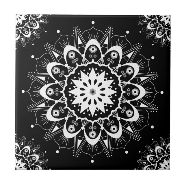 Elegant Black White Blommigt Geometric Mandala Kakelplatta (Framsidan)