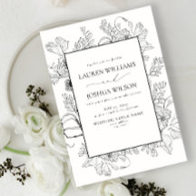 Elegant Black White Blommigt Line Art Bröllop