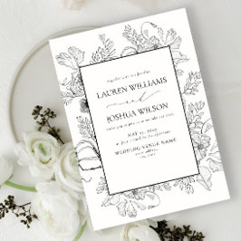 Elegant Black White Blommigt Line Art Bröllop Inbjudningar