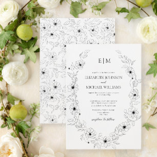 Elegant Black & White Blommigt Monogram Bröllop Inbjudningar