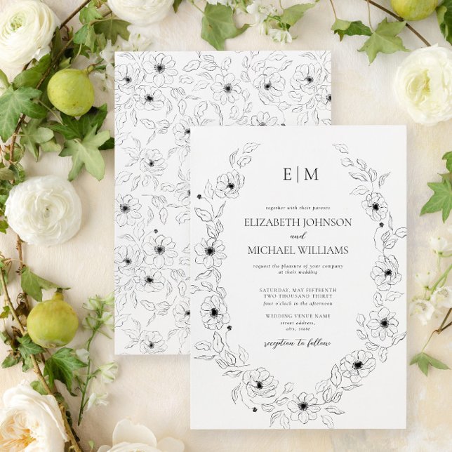 Elegant Black & White Blommigt Monogram Bröllop Inbjudningar (Easily personalize this floral wedding invite with your unique details for an elegant wedding)