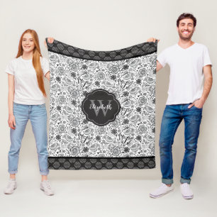 Elegant Black White Blommigt Monogram Fleecefilt