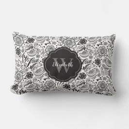 Elegant Black White Blommigt Monogram Pillow Lumbarkudde