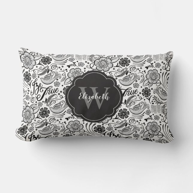 Elegant Black White Blommigt Monogram Pillow Lumbarkudde (Framsida)