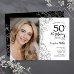 Elegant Black White Blommigt Photo 50:e födelsedag<br><div class="desc">Svartvit blommigt 50 födelsedagsfest inbjudan med ditt foto på kortets framsida. Elegantens moderna utformning med botaniska konturaccenter för teckning och typsnitt för typgrafiska skript. Enkel inbjudan-kortsperfekt för trendig för en snyggt kvinna på dagen firande. Kan anpassas till vilken ålder som helst. Skrivna Zazzle-inbjudningar eller digital utskrivbar mall för omedelbar nedladdning....</div>
