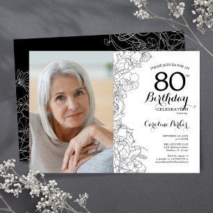 Elegant Black White Blommigt Photo 80 Birthday Inbjudningar