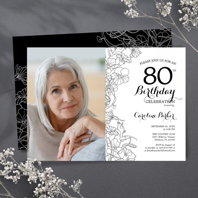 Elegant Black White Blommigt Photo 80 Birthday Inbjudningar (Skapare uppladdad)