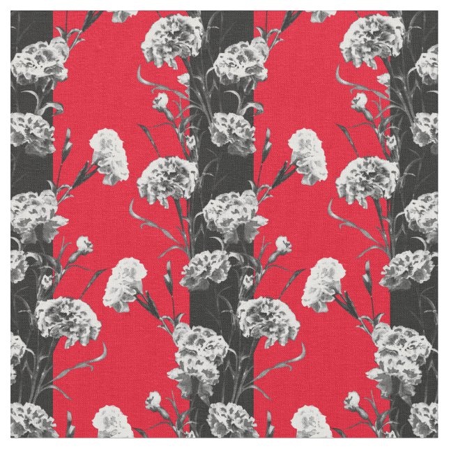 Elegant Black White Blommigt Rand Carnation Red Tyg (Närbild)