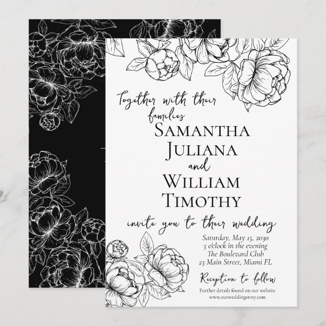 Elegant Black White Boho Blommigt Modern Bröllop Inbjudningar (Fram/baksida)