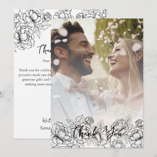 Elegant Black White Boho Modern Bröllop Photo Tack Kort (Fram/baksida)