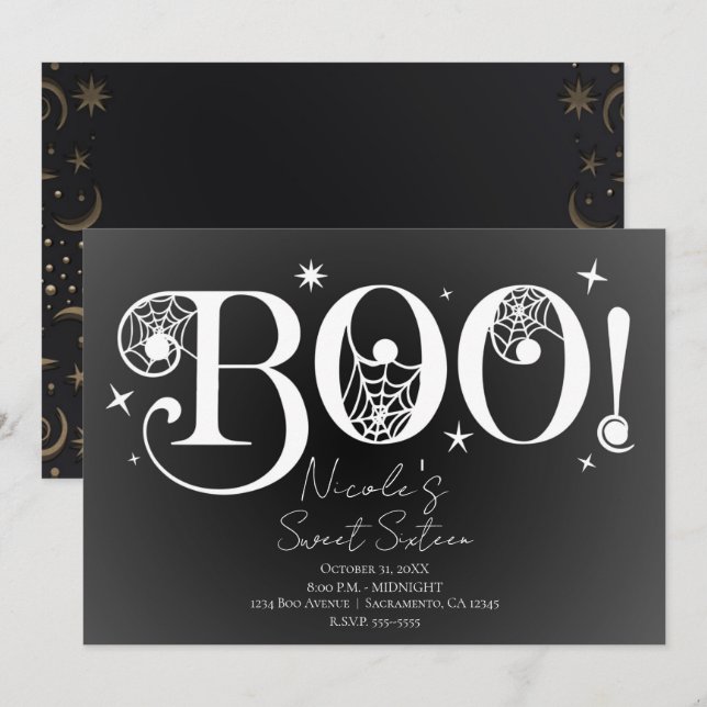 Elegant Black White BOO Magic Halloween Sweet 16 Inbjudningar (Fram/baksida)