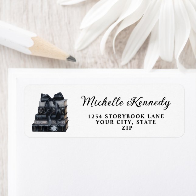 Elegant Black & White Book Themed Bridal Shower  Returadress Etikett (Insitu)