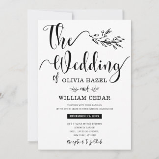 Elegant Black White Botanical Calligraphy Bröllop Inbjudningar