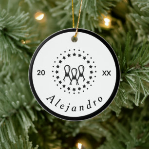 Elegant Black & White Bowling Logotyp Namn & Year Julgransprydnad Keramik
