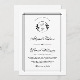 Elegant black, white branch and initials wedding i inbjudningar