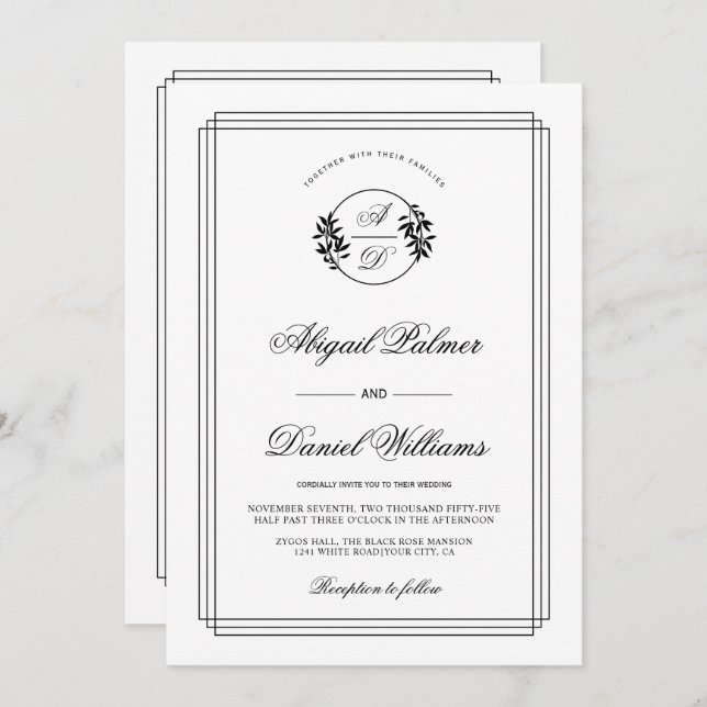Elegant black, white branch and QR code wedding Inbjudningar (Fram/baksida)