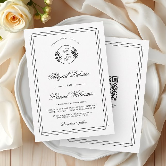 Elegant black, white branch and QR code wedding Inbjudningar (Skapare uppladdad)