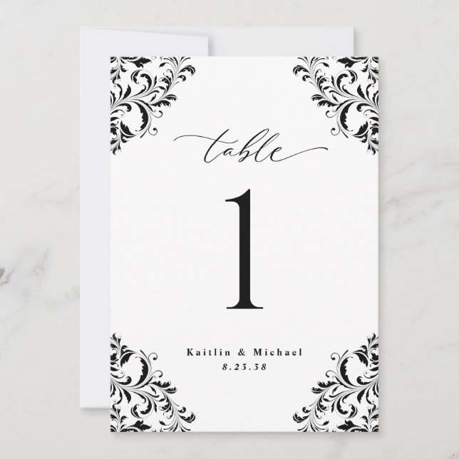 Elegant Black White Bröllop 5 x 7-Bordsnummer-kort Inbjudningar (Framsida)