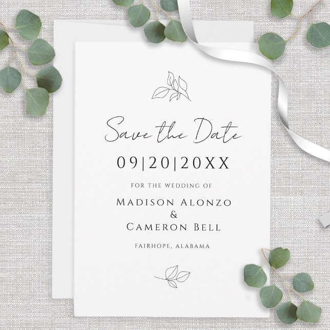 Elegant Black & White Bröllop Botanical Löv Spara Datumet (Elegant Black & White Wedding Botanical Leaves Save The Date)