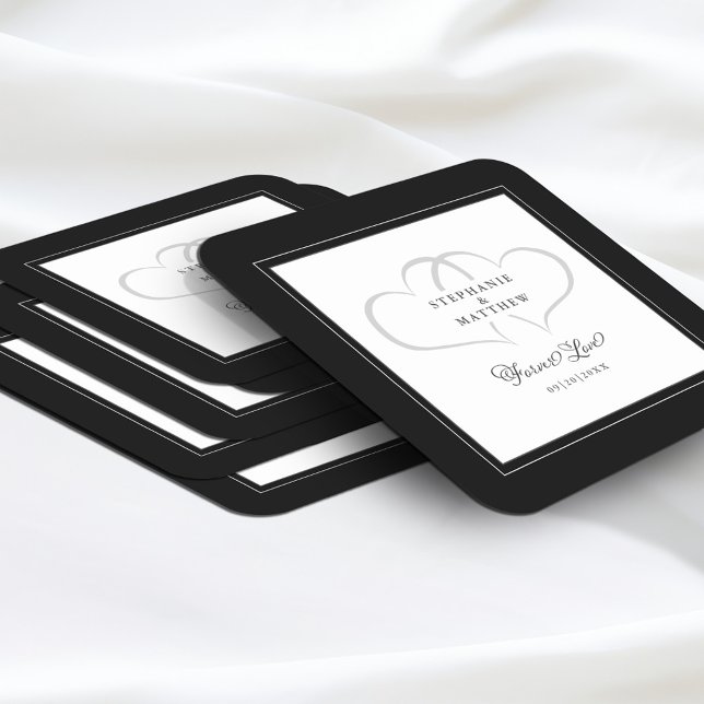 Elegant Black & White Bröllop Hearts Forever love Underlägg Papper Kvadrat (Elegant Black & White Wedding Hearts Forever Love Square Paper Coasters Stack)