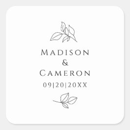 Elegant Black & White Bröllop Löv Namn Date Fyrkantigt Klistermärke